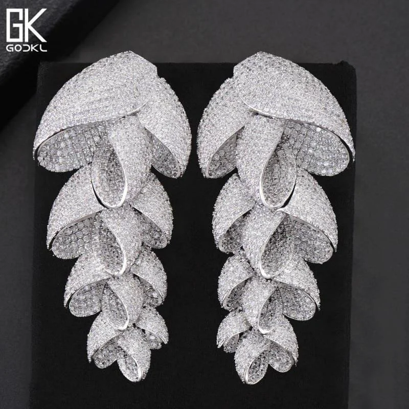 Waterproof Drop Earrings for Outdoor -Unique Luxury Feather Leaf Long Dangle  Zircon Crystal Dubai Silver Earrings