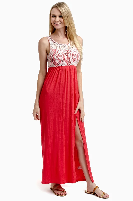 Anniversary Dresses for Special -Coral Lace Top Maxi Dress