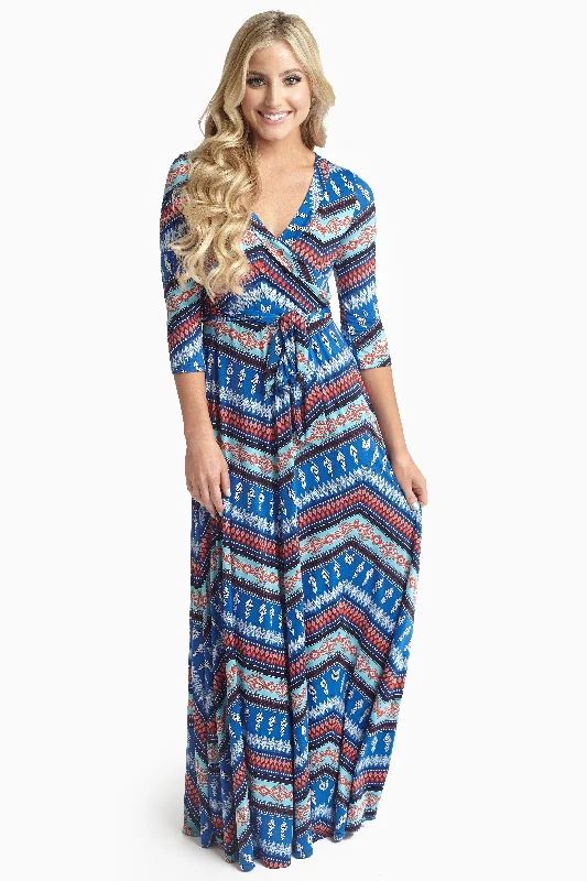 Silk Dresses for Luxurious -Blue Red Tribal Draped 3/4 Sleeve Maxi Dress