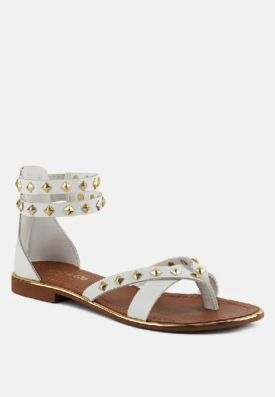 Elegant sandals for women with beaded straps and platform heels for special occasions-EMMETH Studs Embellished White Flat Gladiator Sandals