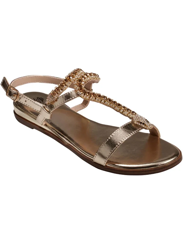 Elegant sandals for women with woven design and high-heeled platform soles-Lidia Womens Metallic Embellished T-Strap Sandals