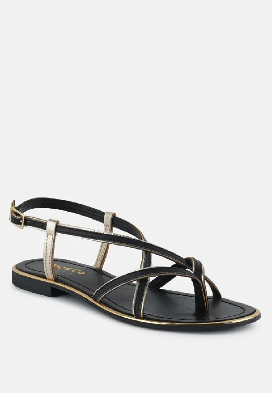 Casual sandals for women with cork footbed and crisscross strap design for style-PHEOBE Strappy Black Flat Sandals