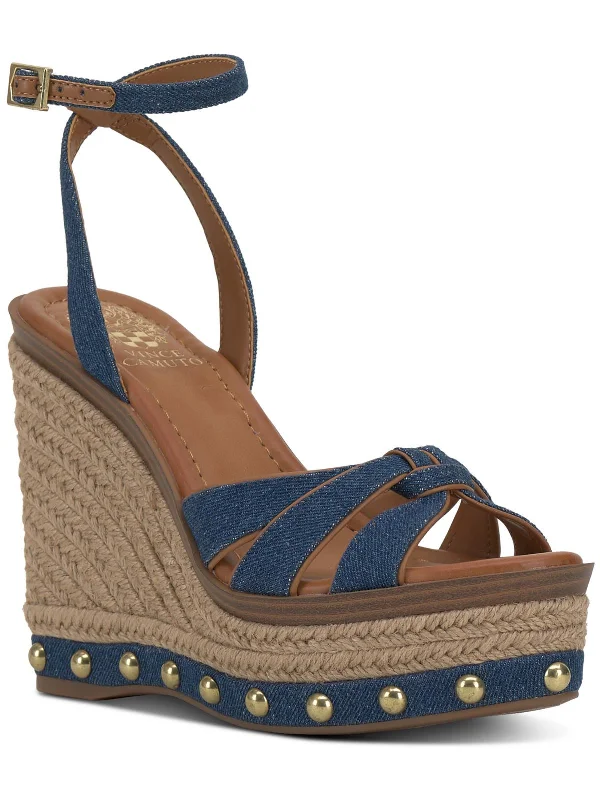 Stylish sandals for men with leather straps and durable rubber soles-Poula Womens Denim Studded Wedge Sandals