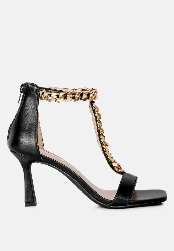 High-heeled sandals for women with thin straps and metallic shine for evening wear-real gem t strap chain detail sandals