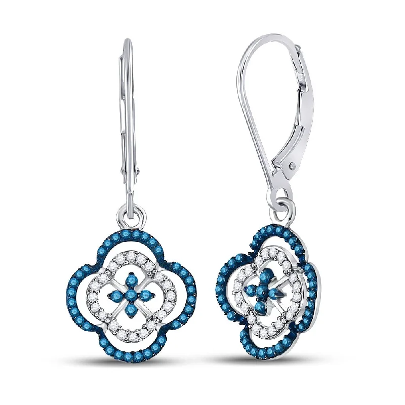 Best hoop earrings with gold-plated finishes for an affordable luxury vibe-10k White Gold 1/3 Carat Round Blue Color Enhanced Diamond Quatrefoil Dangle Earrings for Women