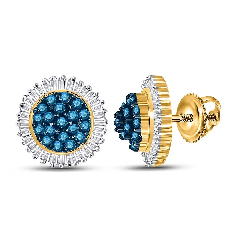 Hoop earrings with tortoiseshell designs for a chic and classic style-10k Yellow Gold 1 Carat Round Blue Color Enhanced Diamond Cluster Earrings for Women