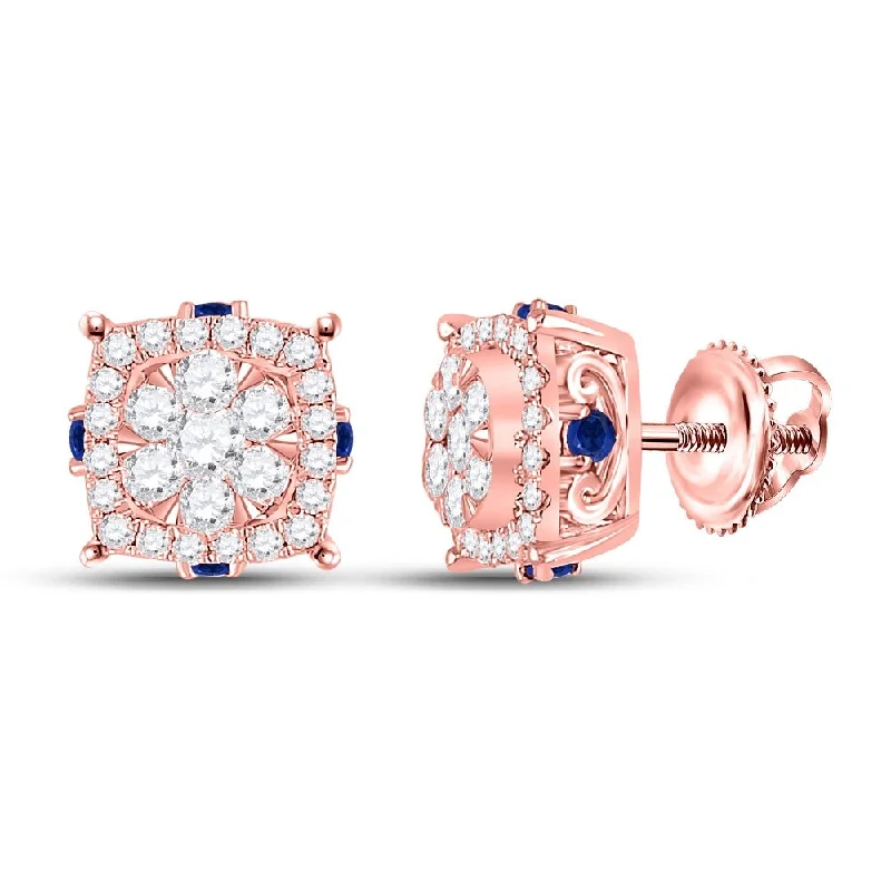 Hoop earrings with gold accents for a warm, elegant statement piece-14k Rose Gold 5/8 Carat Round Diamond Blue Sapphire Cluster Earrings for Women