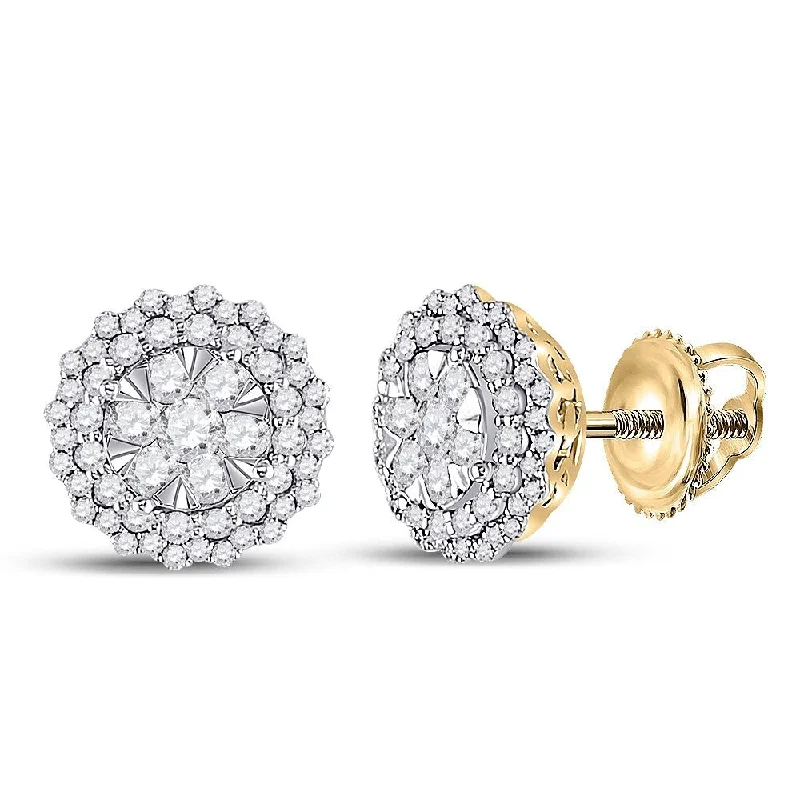 Hoop earrings with cut-out designs for a creative and lightweight effect-14k Yellow Gold 1 Carat Round Diamond Halo Cluster Earrings for Women