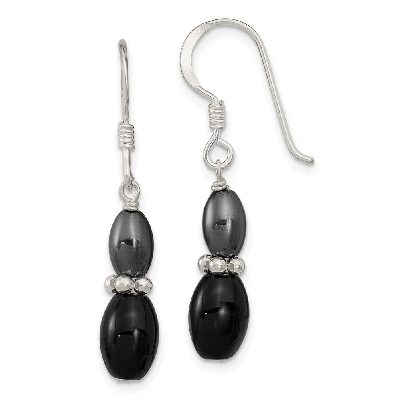 Best hoop earrings with asymmetrical designs for a fashion-forward, avant-garde look-925 Sterling Silver Black Agate and Hematite Dangle Earrings (L-38 mm, W-6.5 mm)