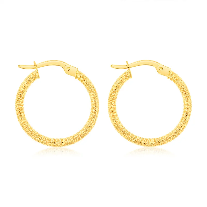 Hoop earrings with satin finishes for a smooth and elegant appearance-9ct Yellow Gold 15mm Textured Hoop Earrings