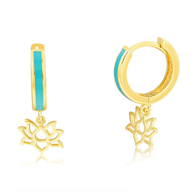 Best hoop earrings with delicate chain details for a trendy and stylish design-9ct Yellow Gold Lotus On Blue Enamel Sleeper Earrings