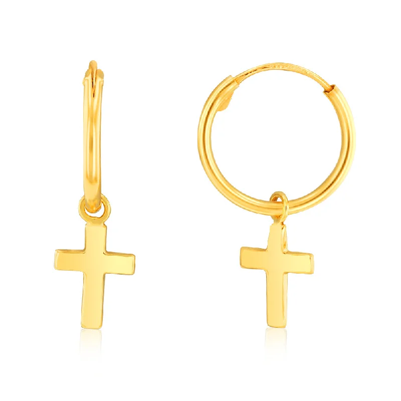 Best hoop earrings with minimalist designs for a clean and modern aesthetic-9ct Yellow Gold Polished Cross On 12mm Hoop Earrings