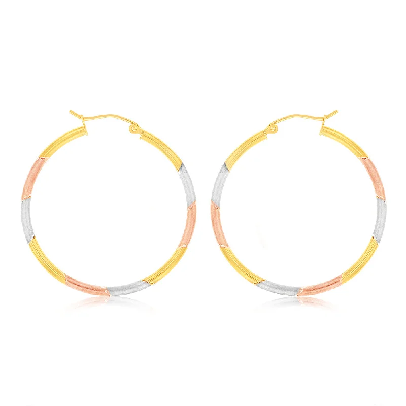 Hoop earrings with pearl accents for a chic and classic style-9ct Yellow Rose And White Gold Tri Colour  Super Light Diamond Cut Tube Hoop Earrings