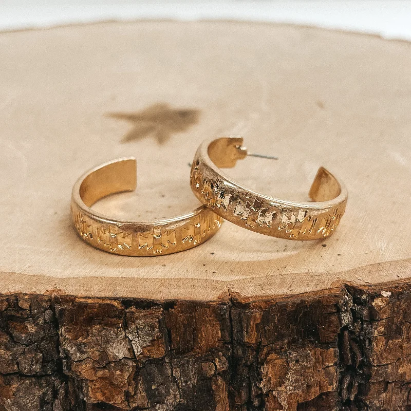 Hoop earrings with luxe velvet finishes for a rich and luxurious touch-Aztec Engraved Thick Hoop Earrings in Gold