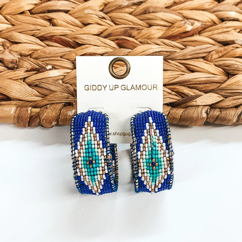 Hoop earrings with abstract wirework for an artistic, unique look-Aztec Pattern Beaded Hoop Earrings in Royal Blue