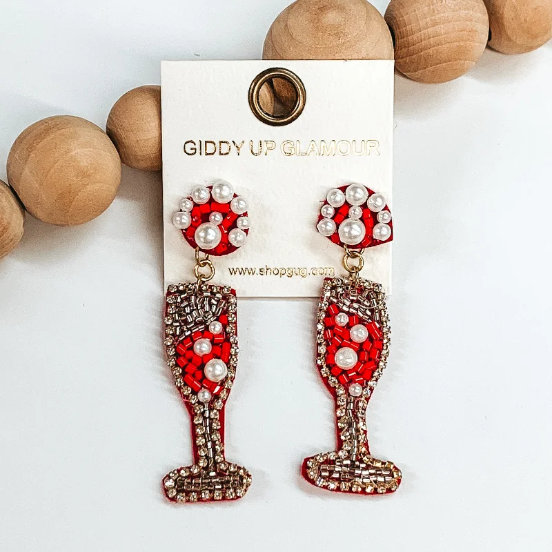 Best hoop earrings with vintage coins for a retro, antique-inspired style-Beaded Champagne Glass Post Earrings in Red