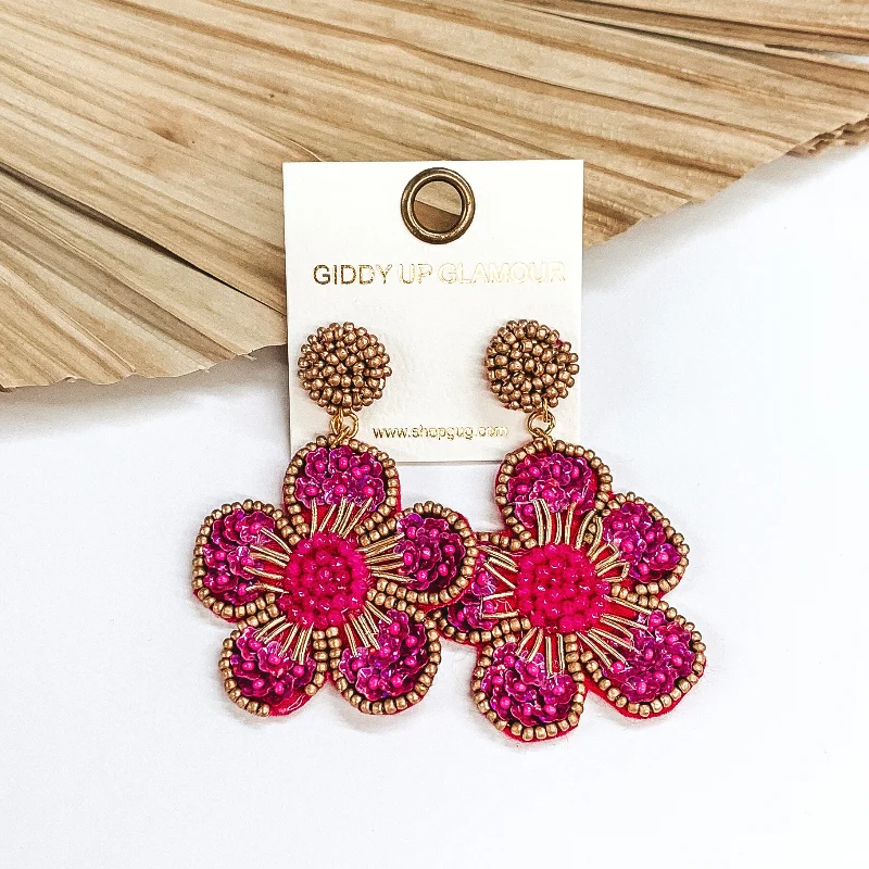 Hoop earrings with multi-tone finishes for a colorful and layered effect-Beaded Flower Earrings in Fuchsia