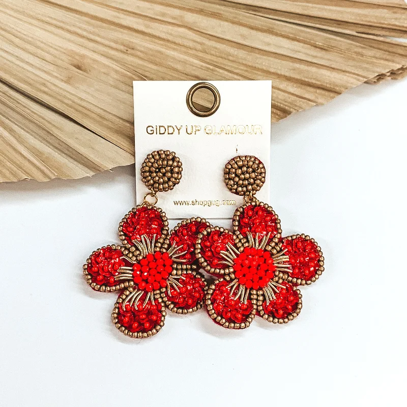 Hoop earrings with enamel stripes for a colorful and eye-catching design-Beaded Flower Earrings in Red