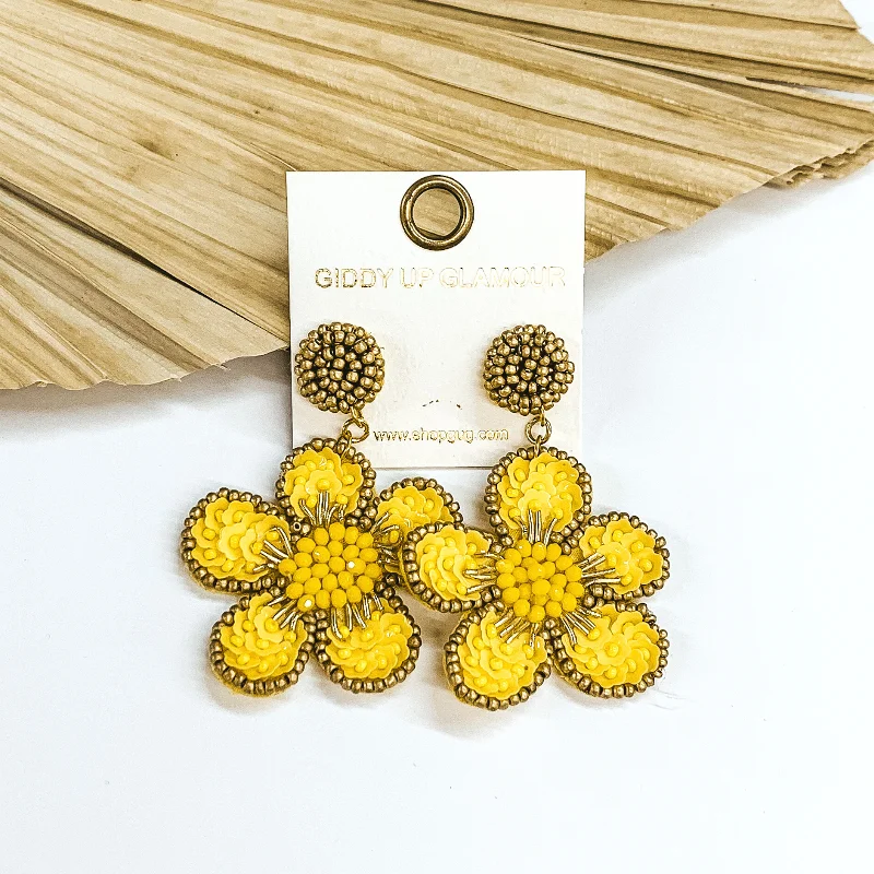 Hoop earrings with artistic filigree designs for an intricate, delicate finish-Beaded Flower Earrings in Yellow