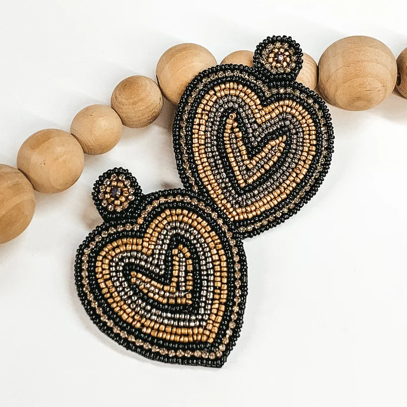 Hoop earrings with multi-tone finishes for a colorful and layered effect-Beaded Heart Post Earrings in Black and Gold