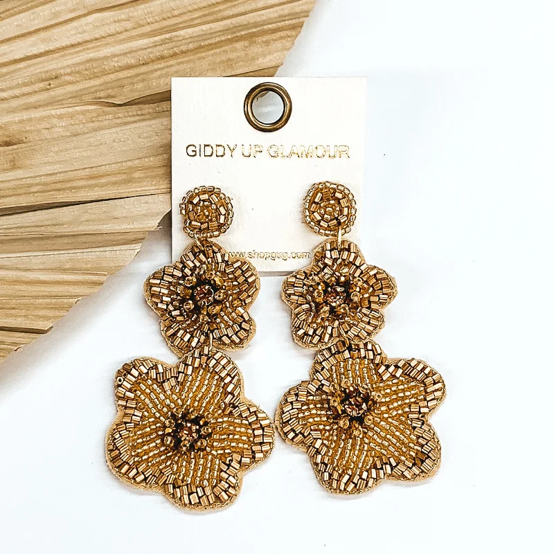 Best hoop earrings with butterfly motifs for a playful and whimsical appearance-Beaded Two Tiered Flower Earrings in Gold