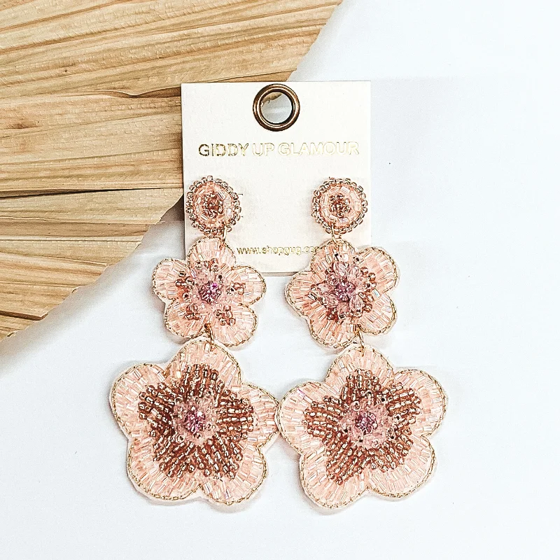 Best hoop earrings with custom engravings for a personalized and meaningful gift-Beaded Two Tiered Flower Earrings in Light Pink