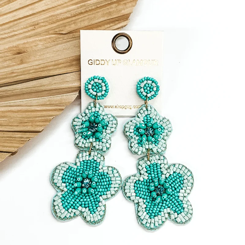 Hoop earrings with open designs for a modern, lighthearted vibe-Beaded Two Tiered Flower Earrings in Turquoise Blue