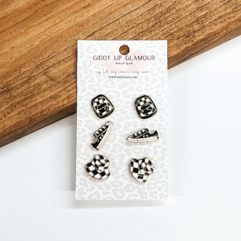 Best hoop earrings with geometric cuts for a sharp, modern appeal-Black and White Checkered Pattern Stud Earring Set in Gold