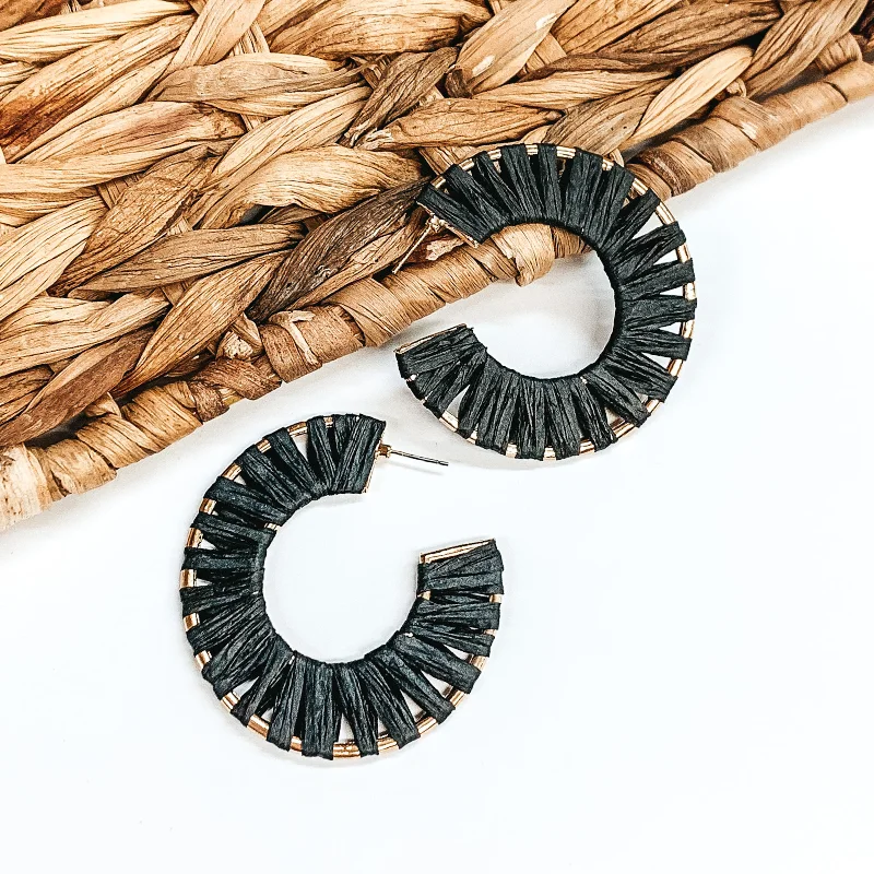 Best hoop earrings with textured silver for a rustic and organic finish-Cabana Bound Raffia Wrapped Gold Hoop Earrings in Black