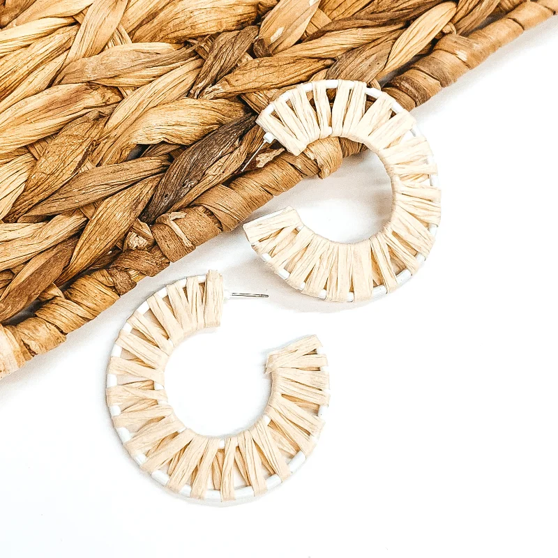 Hoop earrings with spiral designs for a dynamic and fluid look-Cabana Bound Raffia Wrapped White Hoop Earrings in Ivory