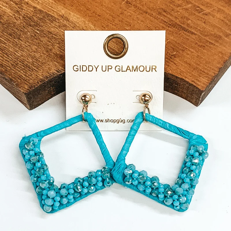 Hoop earrings with twisted leather for a chic and modern boho look-Champagne Secrets Beaded and Raffia Wrapped Diamond Earrings in Blue