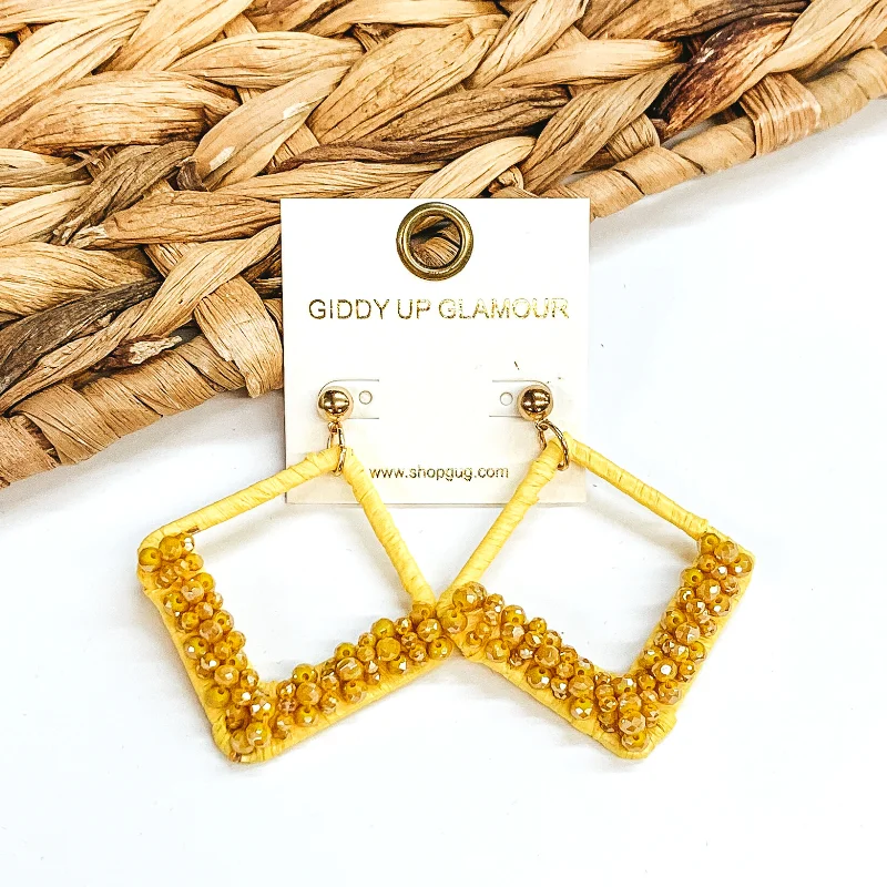 Hoop earrings with leather accents for a sleek and bold combination-Champagne Secrets Beaded and Raffia Wrapped Diamond Earrings in Yellow