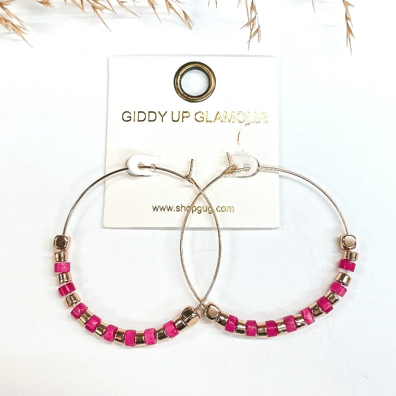 Hoop earrings with polished silver finish for a shiny, modern appeal-Summer Memories Beaded Gold Hoops in Fuchsia Pink