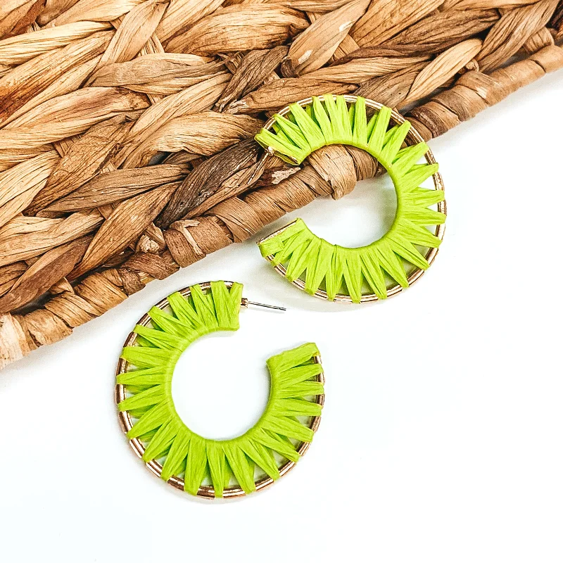 Best hoop earrings with asymmetrical designs for a fashion-forward, avant-garde look-Cabana Bound Raffia Wrapped Gold Hoop Earrings in Lime Green