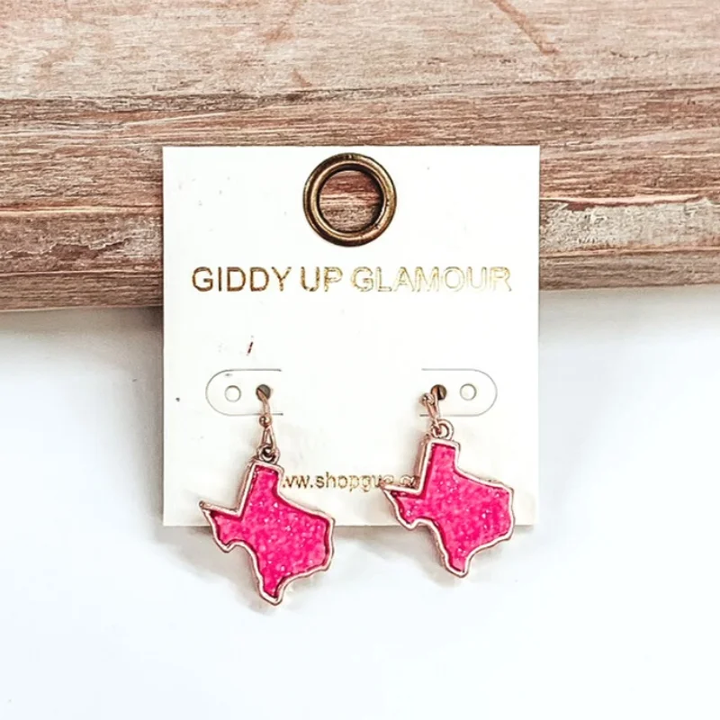 Best hoop earrings with twisted rope designs for a nautical-inspired style-Druzy Texas Shaped Dangle Earrings in Neon Pink