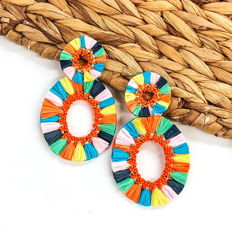 Best hoop earrings with turquoise stones for a bohemian-inspired vibe-Siesta Keys Raffia Wrapped Open Oval Earrings in Multicolored