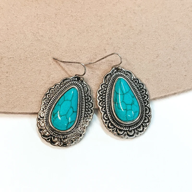 Hoop earrings with pearl accents for a chic and classic style-Western Teardrop Silver Earrings in Turquoise