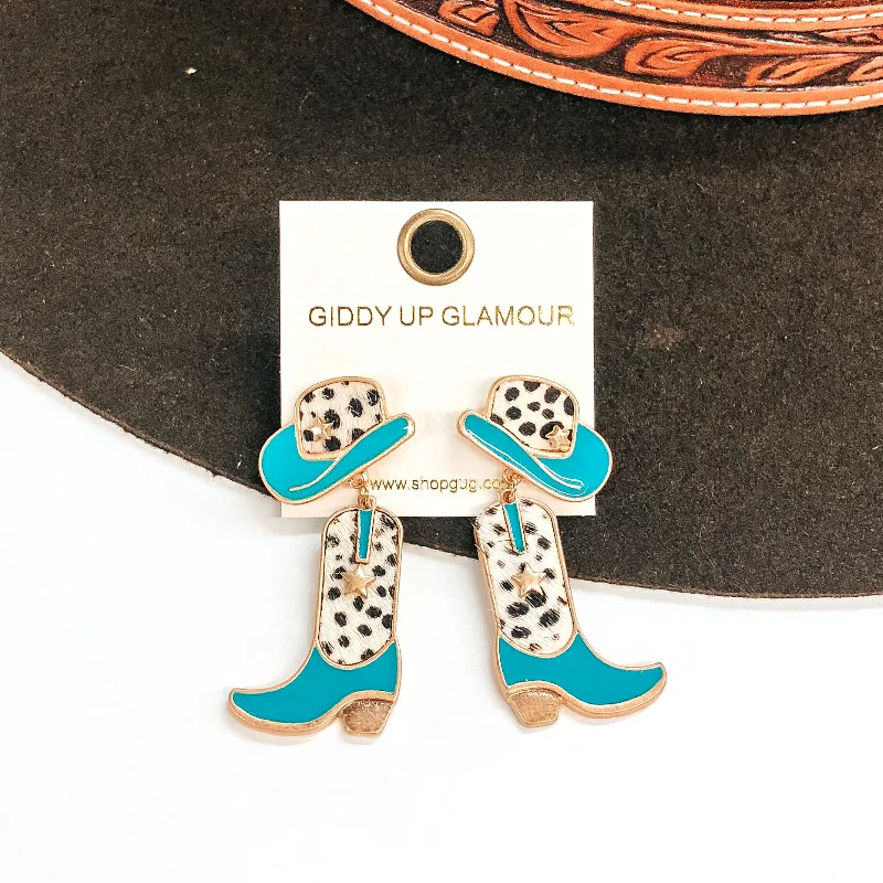 Best hoop earrings with gemstone accents for a colorful and elegant appearance-Cowgirl Dreams Hat and Boot Earrings in Turquoise and Faux Hide Dotted Print