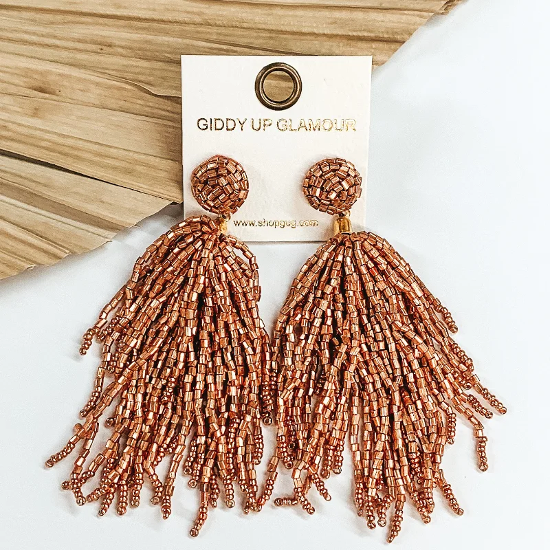 Best hoop earrings with geometric hexagon shapes for a modern, angular look-Crash My Party Seed Bead Tassel Earrings in Rose Gold