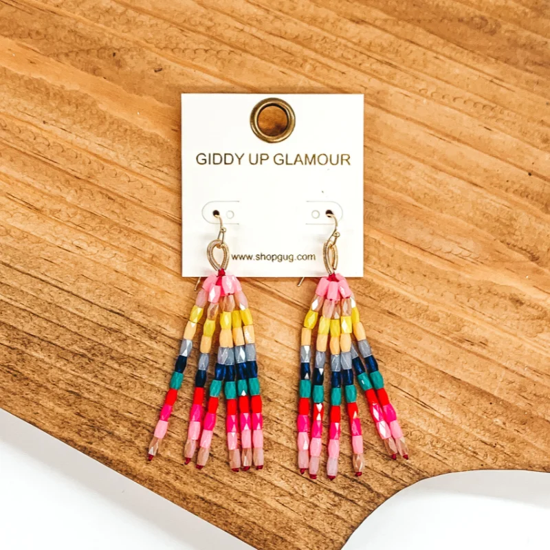 Hoop earrings with open designs for a modern, lighthearted vibe-Crystal Beaded Tassel Earrings in Multicolored