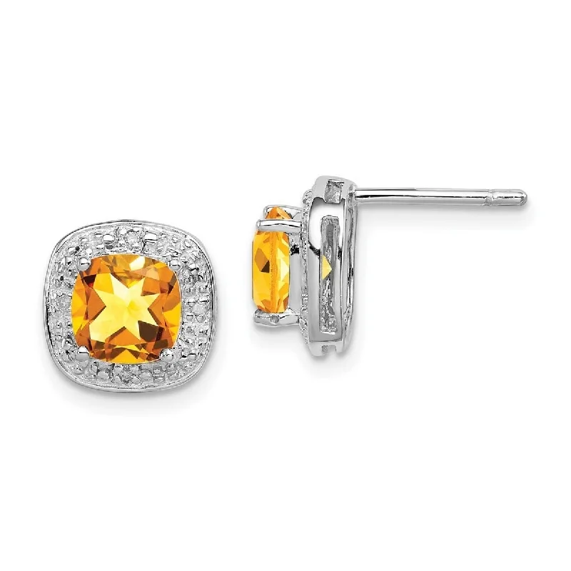 Hoop earrings with hearts for a sweet and romantic gesture-Curata 925 Sterling Silver Polished Rhodium Citrine and Diamond Post Earrings Measures 9x9mm Wide