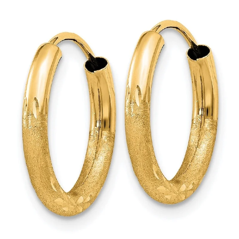 Best hoop earrings with hammered gold for a rustic yet elegant look-Diamond2Deal 14k Yellow Gold 2mm Satin Diamond-cut Endless Hoop Earrings (L-15mm, W-15mm)