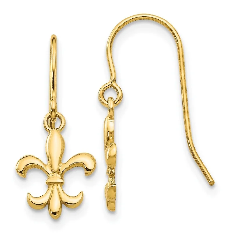 Hoop earrings with rhinestone-studded rims for a glamorous touch-Diamond2Deal 14k Yellow Gold Fleur de lis Dangle Earrings (L-23mm, W-8mm)