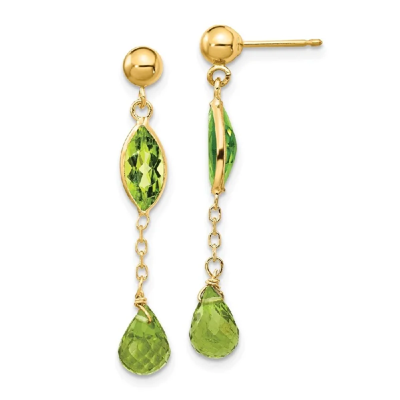 Hoop earrings with luxe velvet finishes for a rich and luxurious touch-Diamond2Deal 14k Yellow Gold Peridot Dangle Post Earrings (L-35mm, W-5mm)