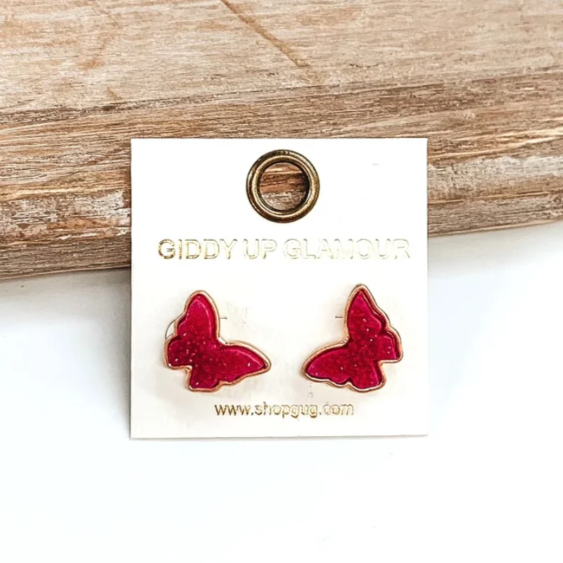 Hoop earrings with heart-shaped frames for a romantic and feminine look-Druzy Butterfly Post Back Earrings in Fuchsia