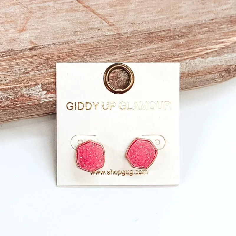 Hoop earrings with polished metal for a shiny and high-quality finish-Druzy Hexagon Post Earrings in Pink