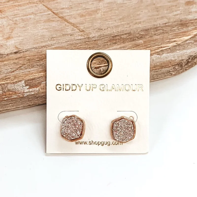 Hoop earrings with stacked layers for a bold and textured design-Druzy Hexagon Post Earrings in Rose Gold