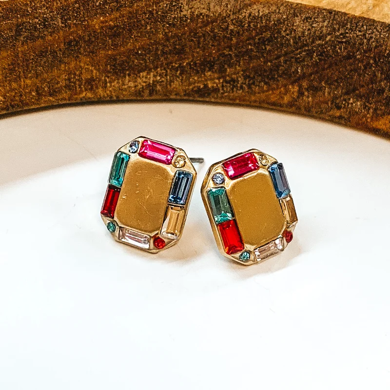 Best hoop earrings with delicate chain details for a trendy and stylish design-Made For Royalty Gold Rectangular Studded Earrings in Multicolor