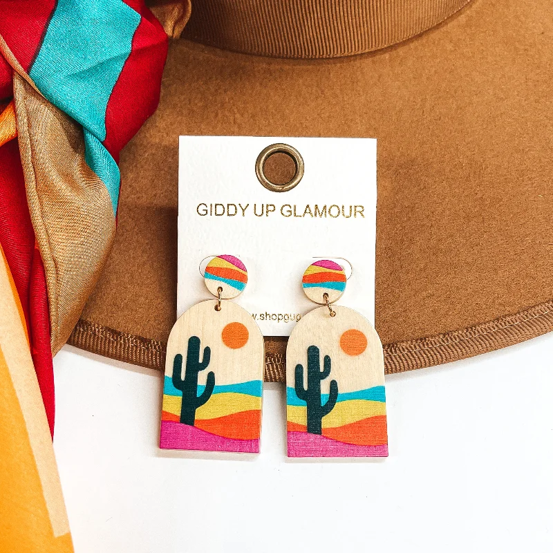 Hoop earrings with open designs for a modern, lighthearted vibe-Memories on Repeat Cactus Print Wood Post Earrings in Multicolor