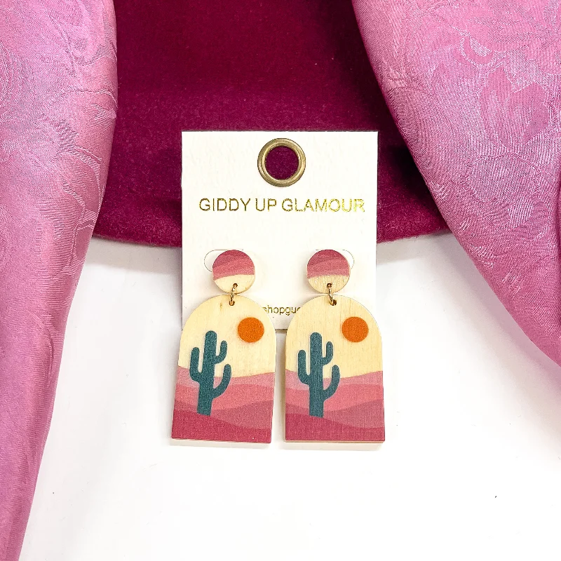 Hoop earrings with removable pendants for a versatile and customizable accessory-Memories on Repeat Cactus Print Wood Post Earrings in Mauve Pink